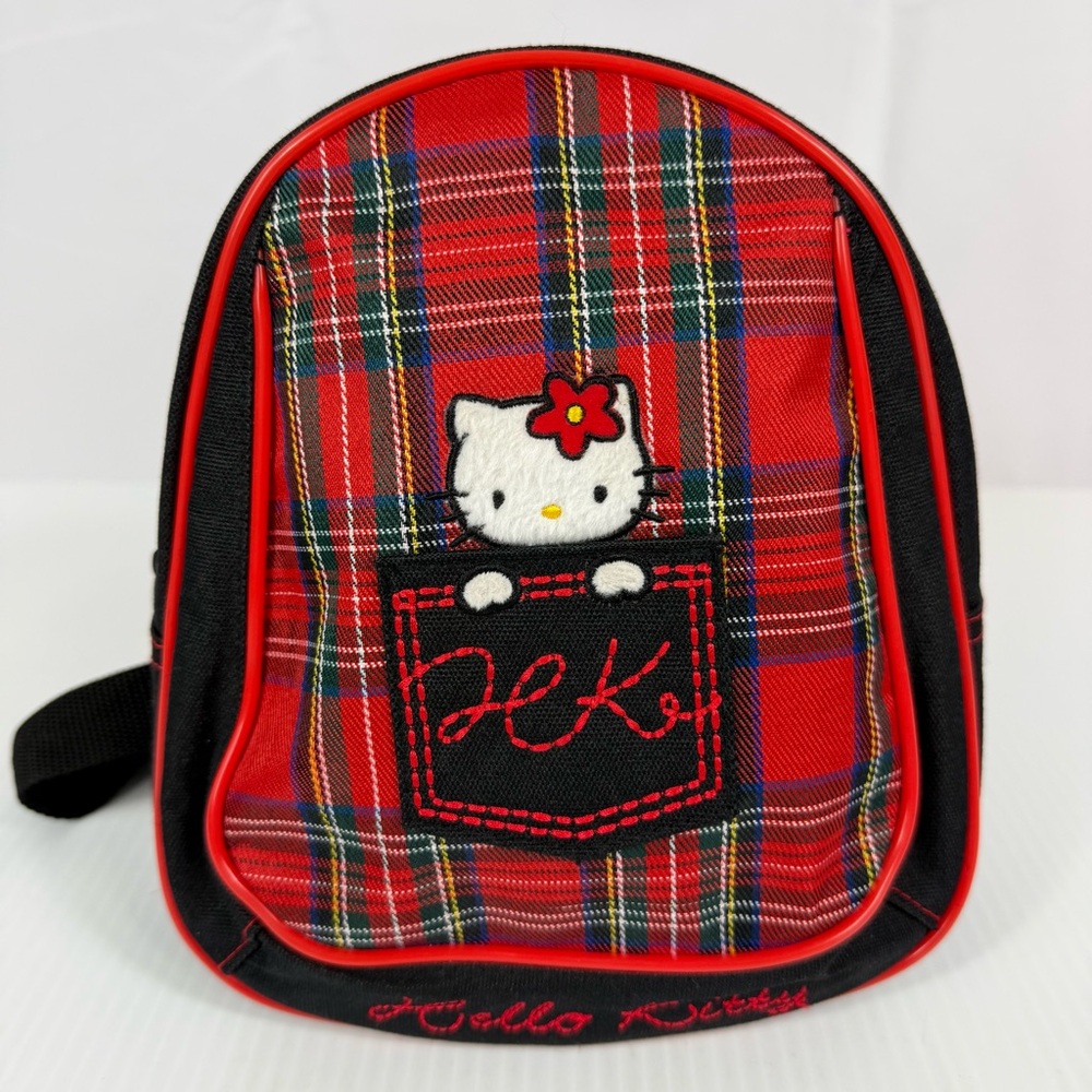 Vtg Hello Kitty Sanrio Red Plaid Small Backpack Purse Zipper Bag Pocket 9” 2001